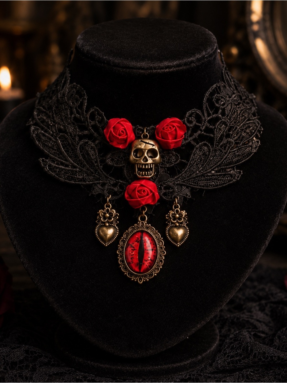Gothic Black Lace Choker Necklace with Red Rose Accents New